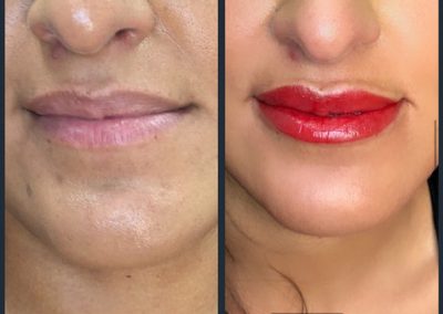 Permanent make up lip blushing before and after an orange